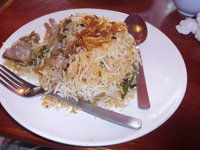 A plate of mutton biryani served at an Indian restaurant.