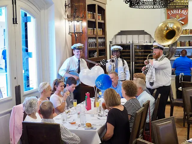 A dining room at Tableau Restaurant in New Orleans, with a small brass band performing near the tables.