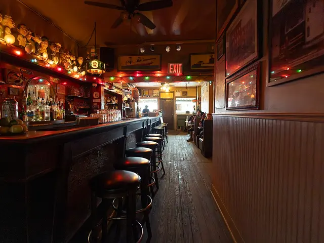 Interior of Sunny's Bar showing the wooden counter and bar stools.