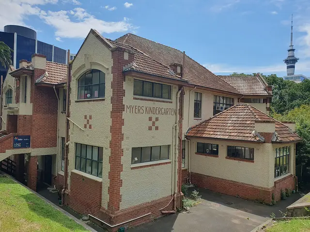 The historic brick and tile-roofed Myers Kindergarten building, with its name lettered on the facade
