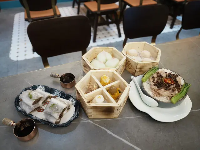A table of dim sum dishes served at a restaurant in Wan Chai, Hong Kong.
