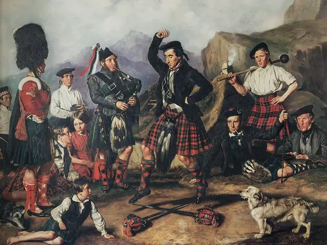 An 1853 painting depicting Scottish Highlanders in traditional dress performing a sword dance in a mountain landscape.