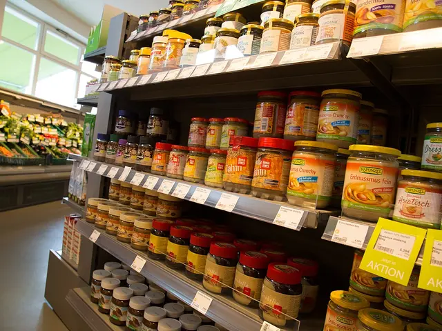 Shelves stocked with jarred vegan food products in a Berlin grocery store