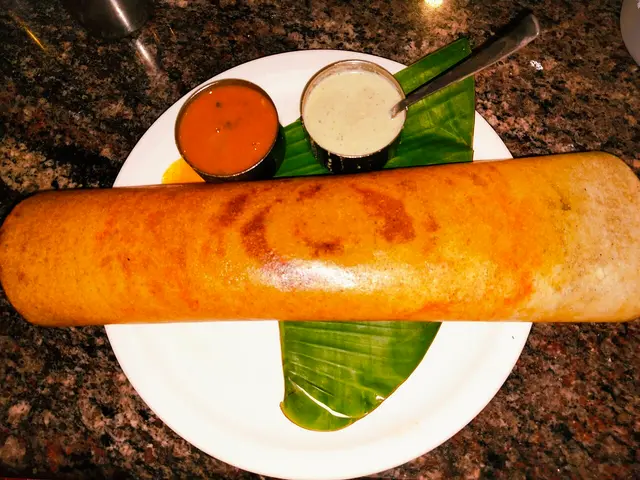 A Mangalore-style masala dosa, a South Indian crepe filled with spiced potato.