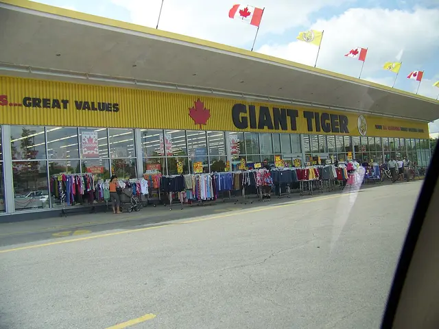 The exterior of a Giant Tiger discount store with its yellow signage and Canadian flag branding
