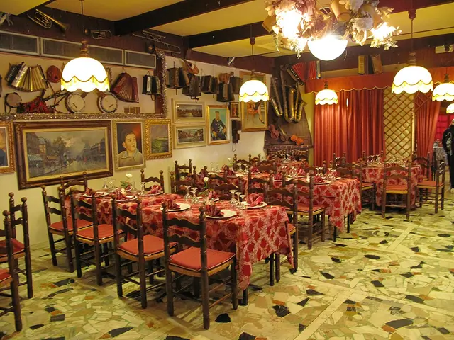 Dining hall of an Italian restaurant in Vallecrosia, Liguria, Italy.
